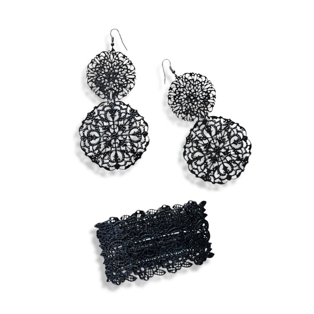 Goth Black Metal Medallion Bracelet & Earrings Set